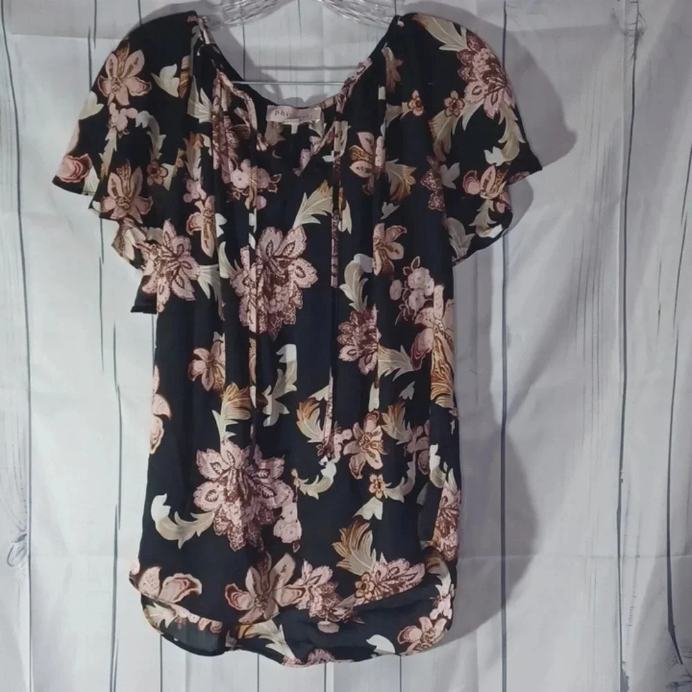 Philosophy sheer floral boho ruffle flutter sleeve peasant blouse
